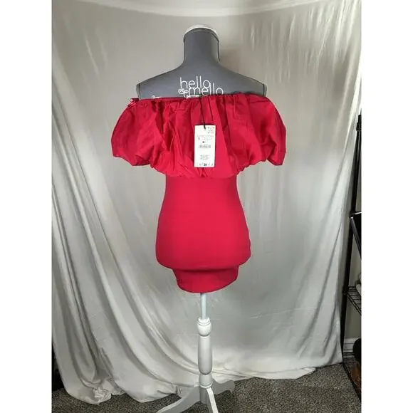 ZARA Hot Pink Off The Shoulder Mini Dress S NWT Party Cocktail Weddiing Guest - Picture 3 of 6